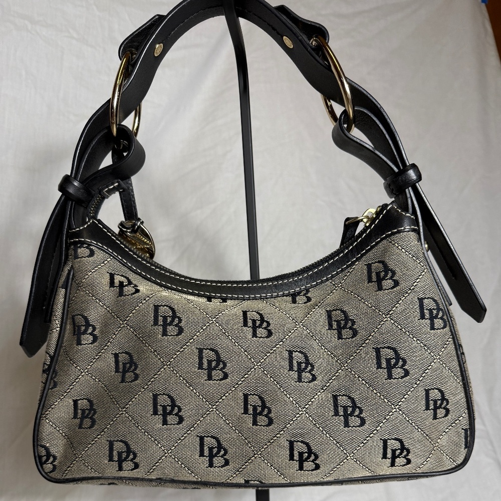 Dooney and Bourke DB Monogram Canvas Hobo Bag / Black Leather Trim